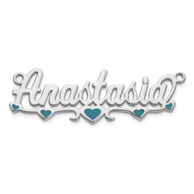 Silver pendant with script lettering and teal enameled hearts, with small loops at each end for attachment.