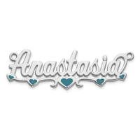 Silver pendant with script lettering and teal enameled hearts, with small loops at each end for attachment.
