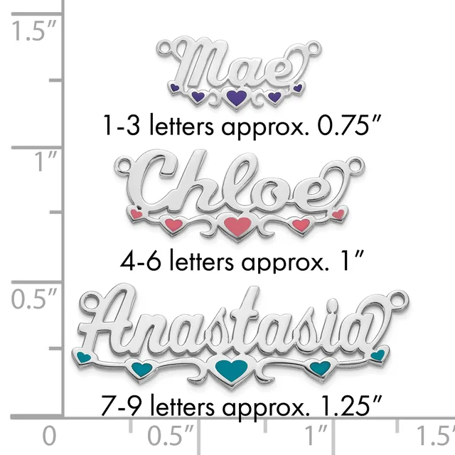 Three silver name charms with decorative hearts shown at actual size on a measurement ruler, ranging from 0.75 to 1.25 inches in width.