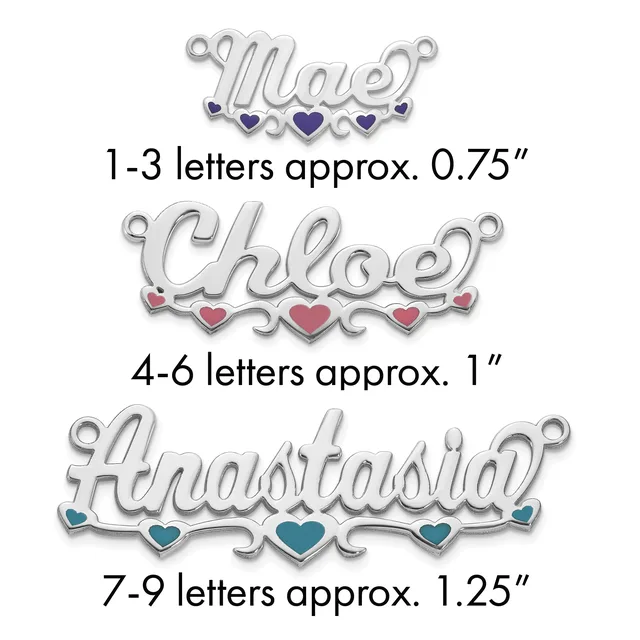 Three silver name pendants with decorative hearts in varying sizes, labeled by letter count and approximate dimensions.