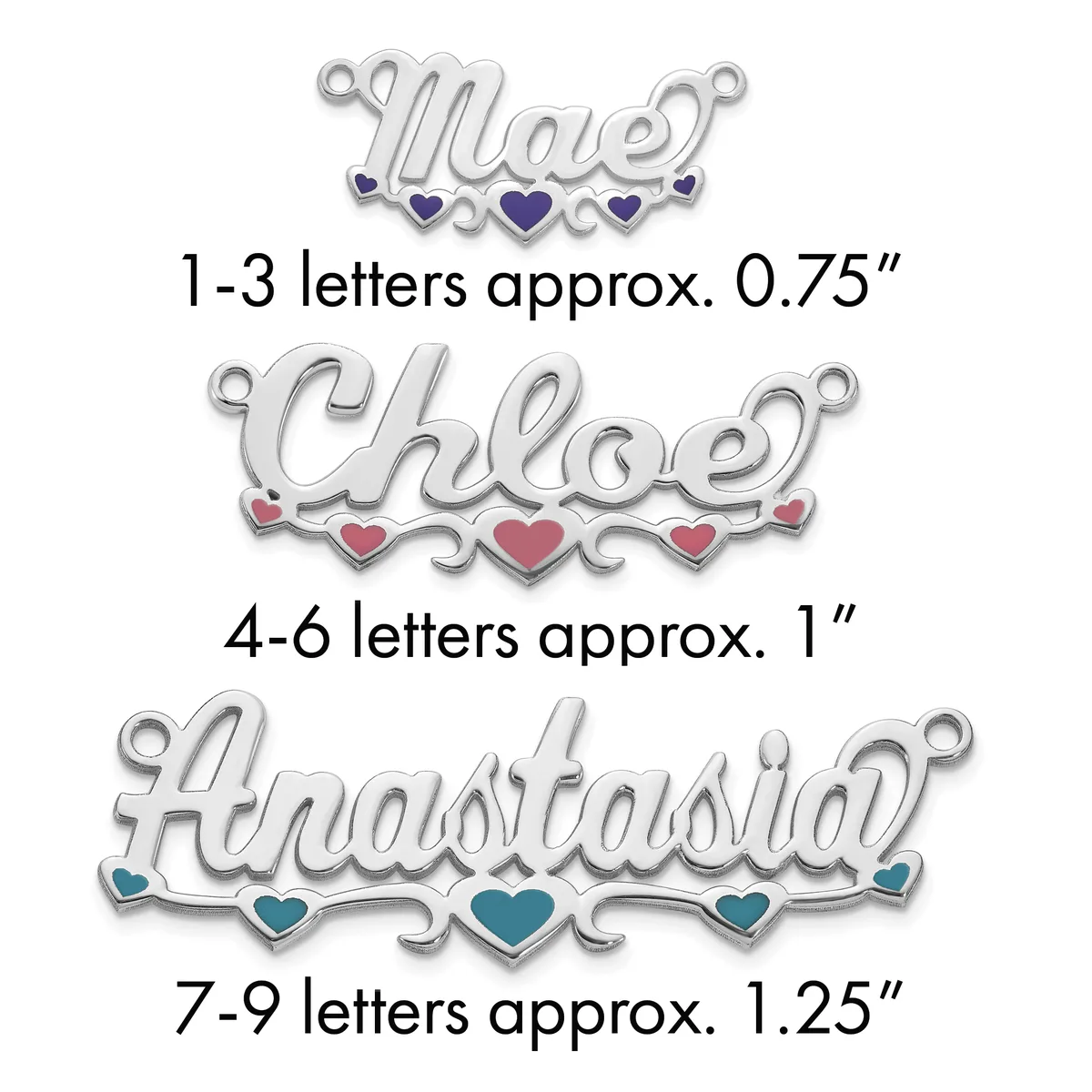 Three silver name pendants with decorative hearts in varying sizes, labeled by letter count and approximate dimensions.