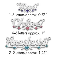 Three silver name pendants with decorative hearts in varying sizes, labeled by letter count and approximate dimensions.