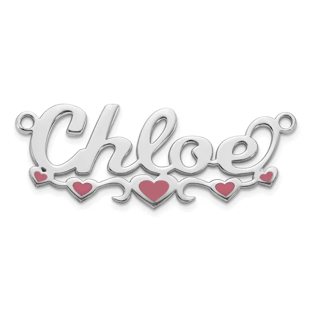Silver pendant charm with the word "Chloe" in cursive script, decorated with red enamel hearts below and small loop attachments on either side.