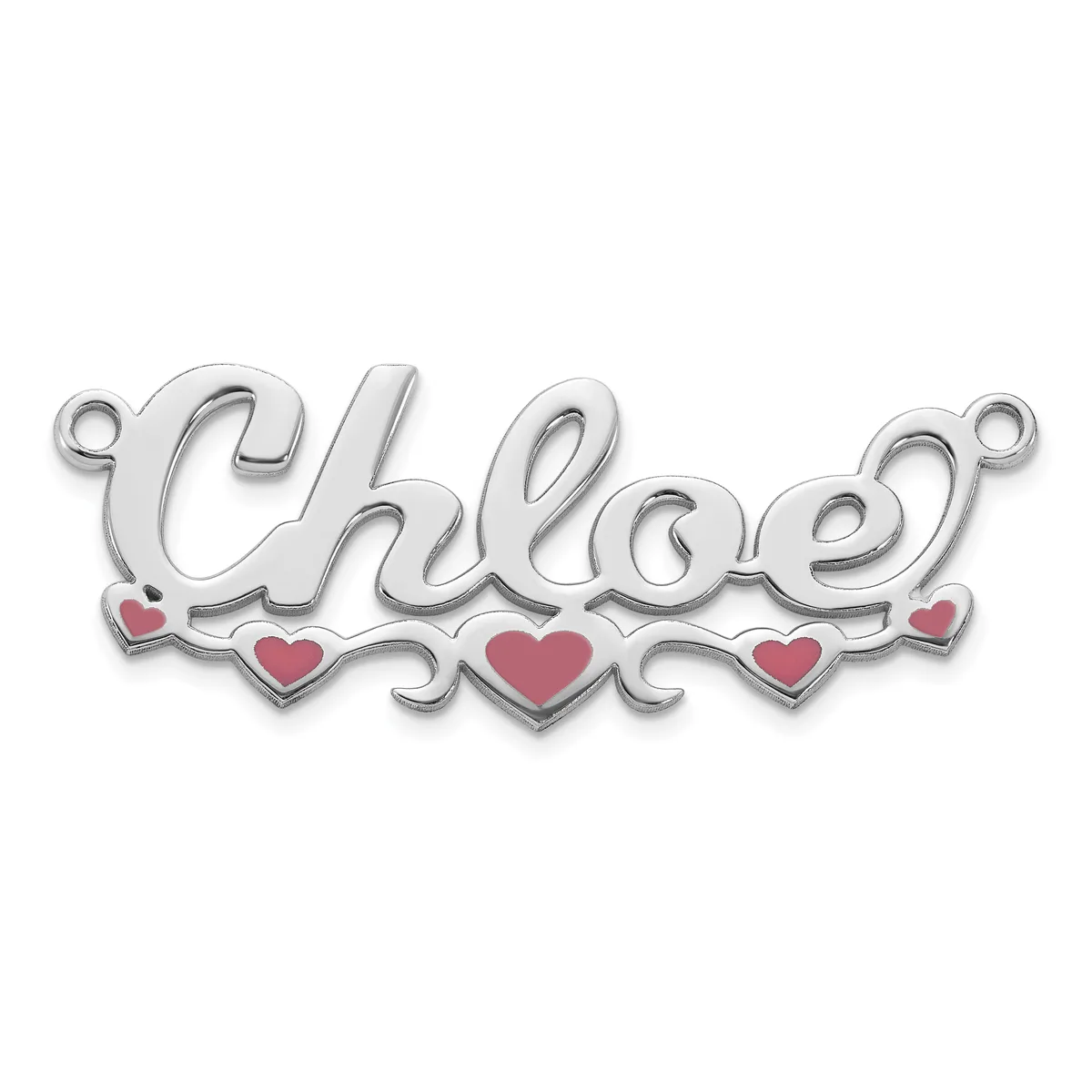 Silver pendant charm with the word "Chloe" in cursive script, decorated with red enamel hearts below and small loop attachments on either side.