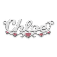 Silver pendant charm with the word "Chloe" in cursive script, decorated with red enamel hearts below and small loop attachments on either side.