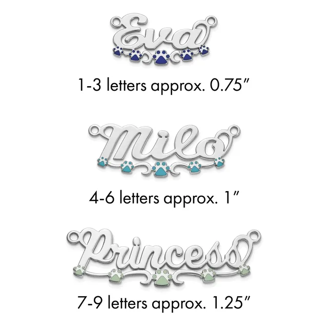 Three silver name pendants with decorative scrollwork and gemstones, sized by letter count: 1-3 letters at 0.75 inches, 4-6 letters at 1 inch, and 7-9 letters at 1.25 inches.