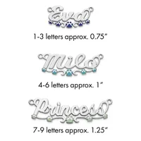 Three silver name pendants with decorative scrollwork and gemstones, sized by letter count: 1-3 letters at 0.75 inches, 4-6 letters at 1 inch, and 7-9 letters at 1.25 inches.