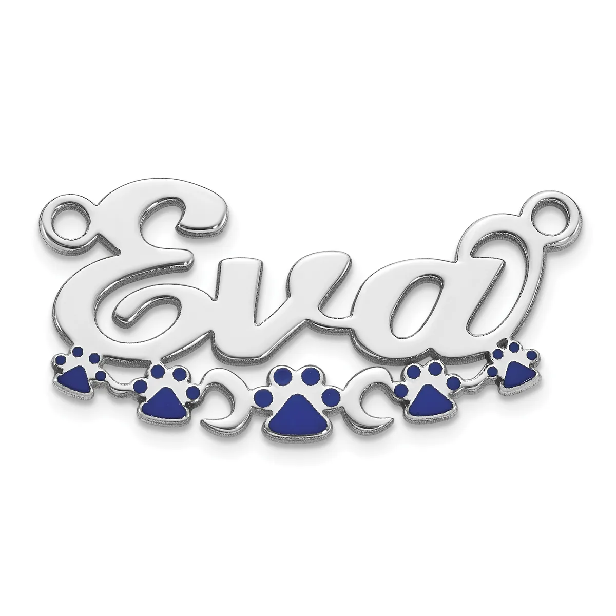 Silver pendant charm with the word "Evvie" in script lettering, decorated with blue enamel paw prints and small rhinestones along the bottom edge, featuring small loops at each end.