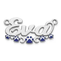 Silver pendant charm with the word "Evvie" in script lettering, decorated with blue enamel paw prints and small rhinestones along the bottom edge, featuring small loops at each end.