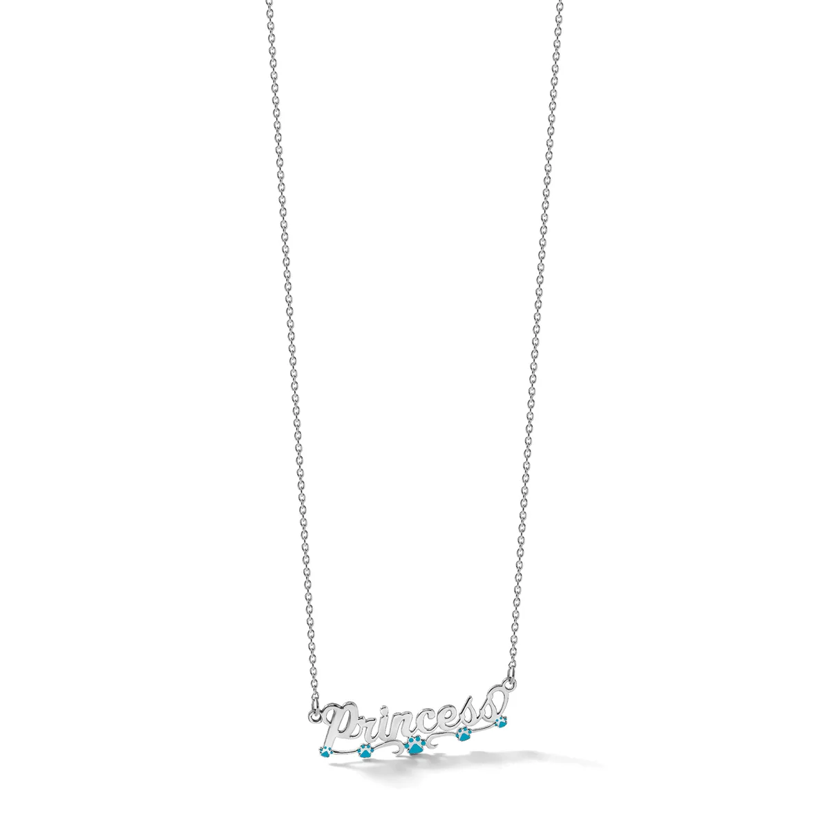 Silver necklace with a pendant spelling out a name in script, decorated with small turquoise stones, hanging from a delicate chain.