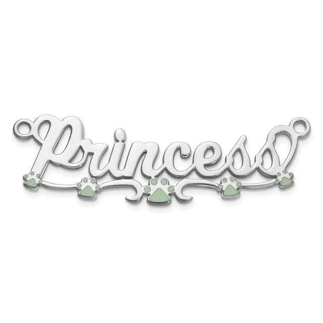 Silver pendant with the word "Princess" in script lettering, decorated with five small green gemstones arranged along the bottom, with loop attachments at each end.