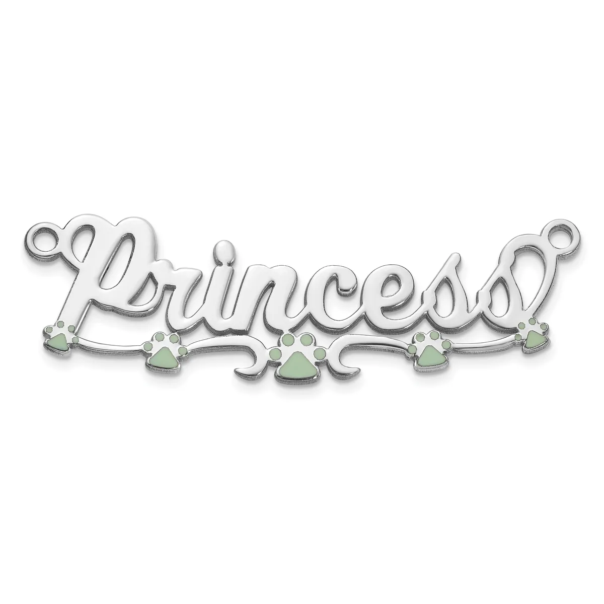 Silver pendant with the word "Princess" in script lettering, decorated with five small green gemstones arranged along the bottom, with loop attachments at each end.