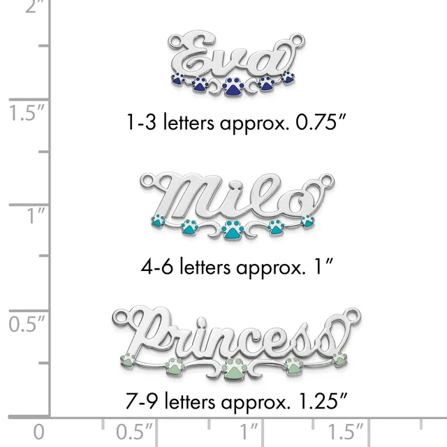 Three silver name pendants with paw print charms displayed on a ruler showing sizes: 1-3 letters at 0.75 inches, 4-6 letters at 1 inch, and 7-9 letters at 1.25 inches.