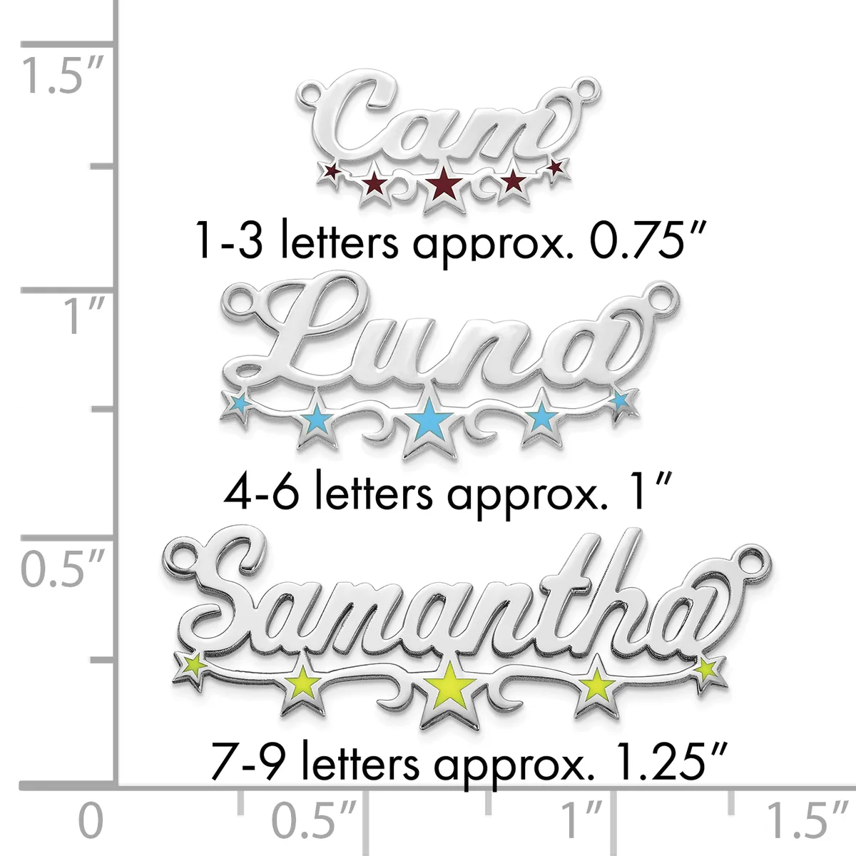 Three silver name pendants with decorative stars displayed against a ruler showing sizes ranging from approximately 0.75 inches to 1.25 inches in height.