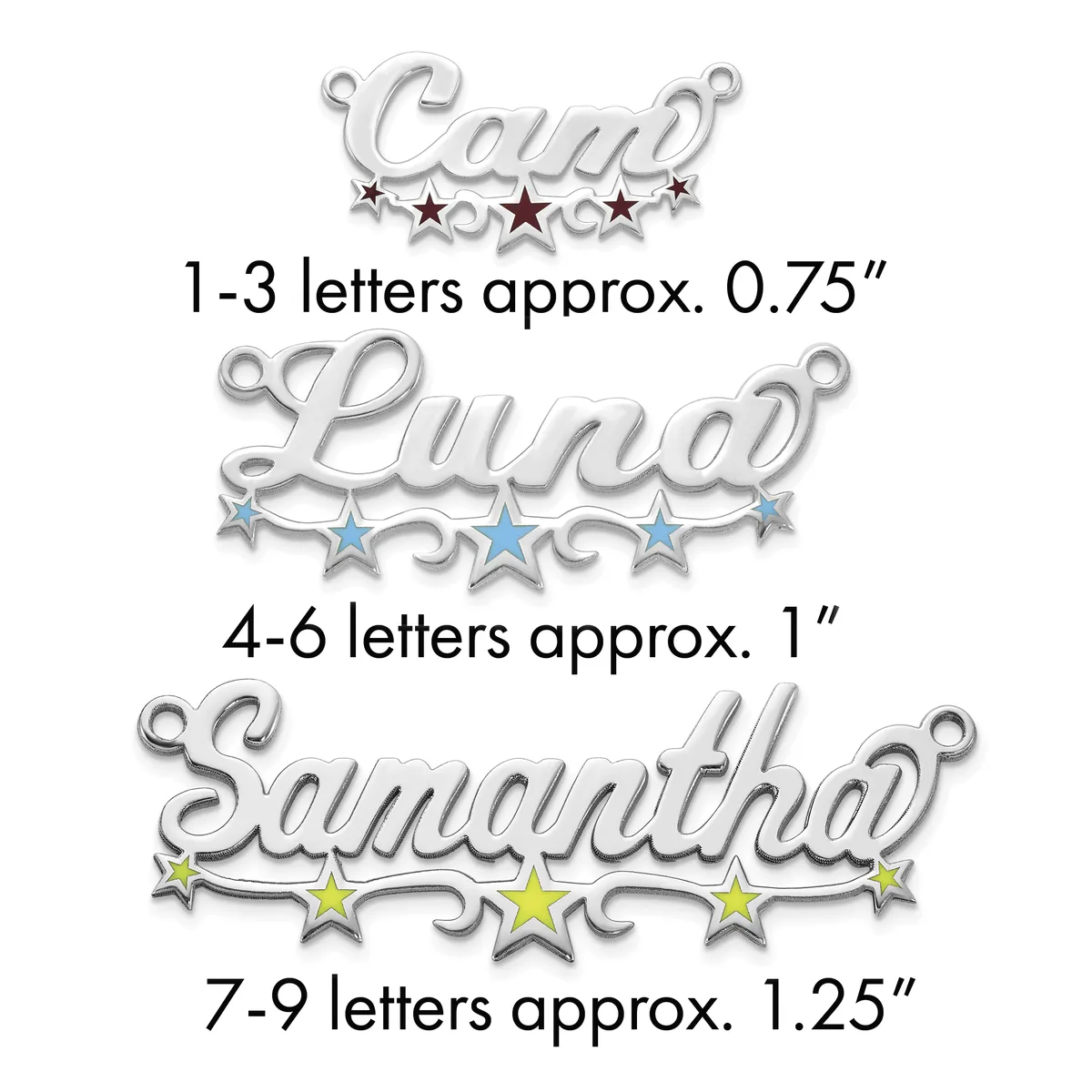 Three silver name pendants with decorative stars shown in increasing sizes, labeled by letter count and approximate dimensions.
