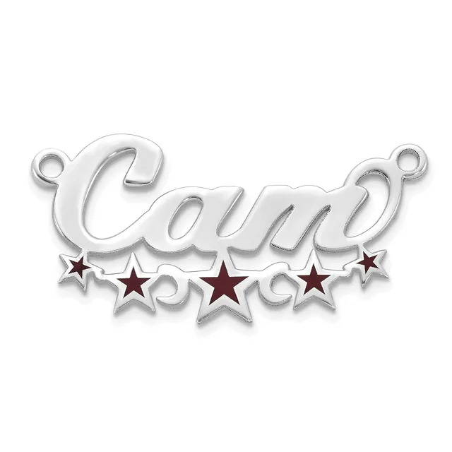 A silver pendant charm with the word "Cami" in script lettering, decorated with dark red stars and small loops at the top for attachment.