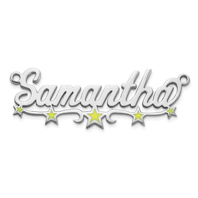 Silver-toned metal pendant with "Samanthacd" in script lettering, decorated with four yellow stars along the bottom edge and loops at top corners for attachment.