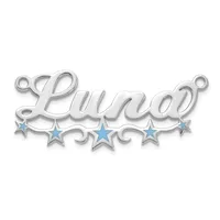 A silver-toned metal pendant with the word "Luna" in cursive script, decorated with blue enamel stars below and small loops at the top for attachment.