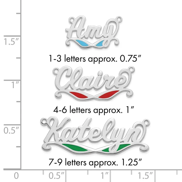Three silver name pendants with colored enamel accents displayed against a measurement scale, ranging from 0.75 inches to 1.25 inches in width.