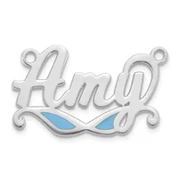 Silver pendant charm with the word "Amy" in script lettering, featuring blue enamel detail in a mask-like design below, with small loops at top corners for attachment.