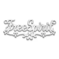 Silver-colored metal brooch with the word "BreeSpirit" in script lettering, decorated with small flower designs below, shown against a white background.