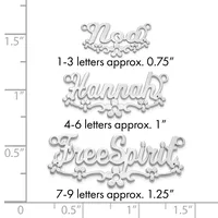 Three silver decorative name pendants of increasing size displayed against a ruler showing height measurements from 0 to 1.5 inches.