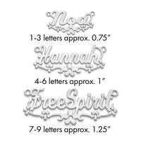 Three silver decorative name plates with ornamental flourishes, sized by letter count: 1-3 letters at 0.75 inches, 4-6 letters at 1 inch, and 7-9 letters at 1.25 inches.