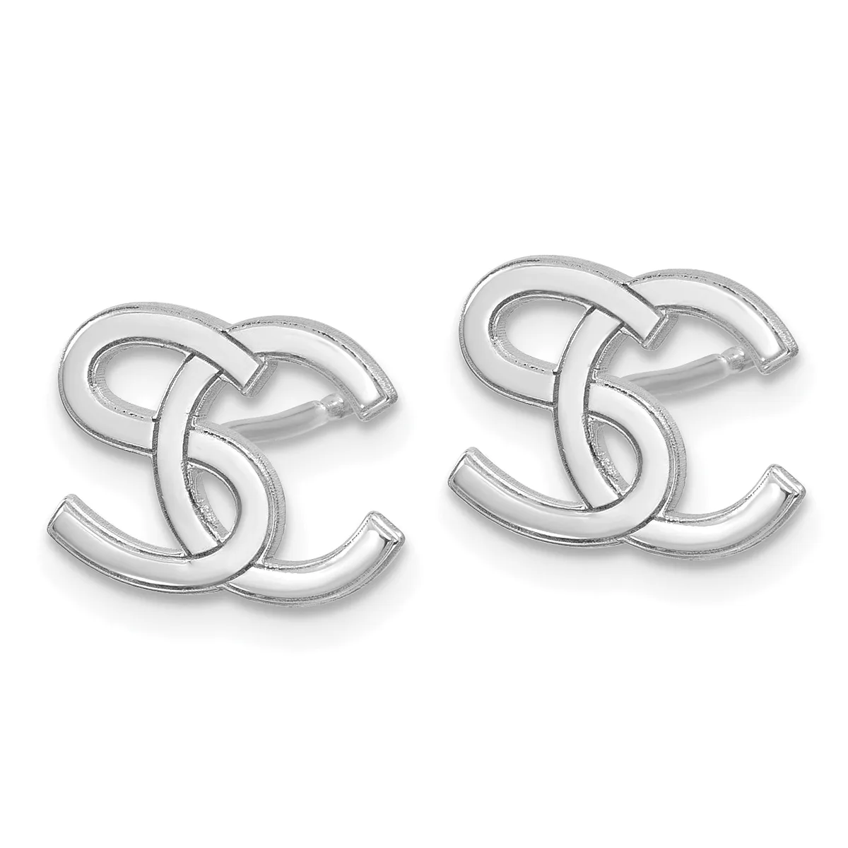 A pair of polished silver interlocking double-C shaped earrings displayed against a white background.