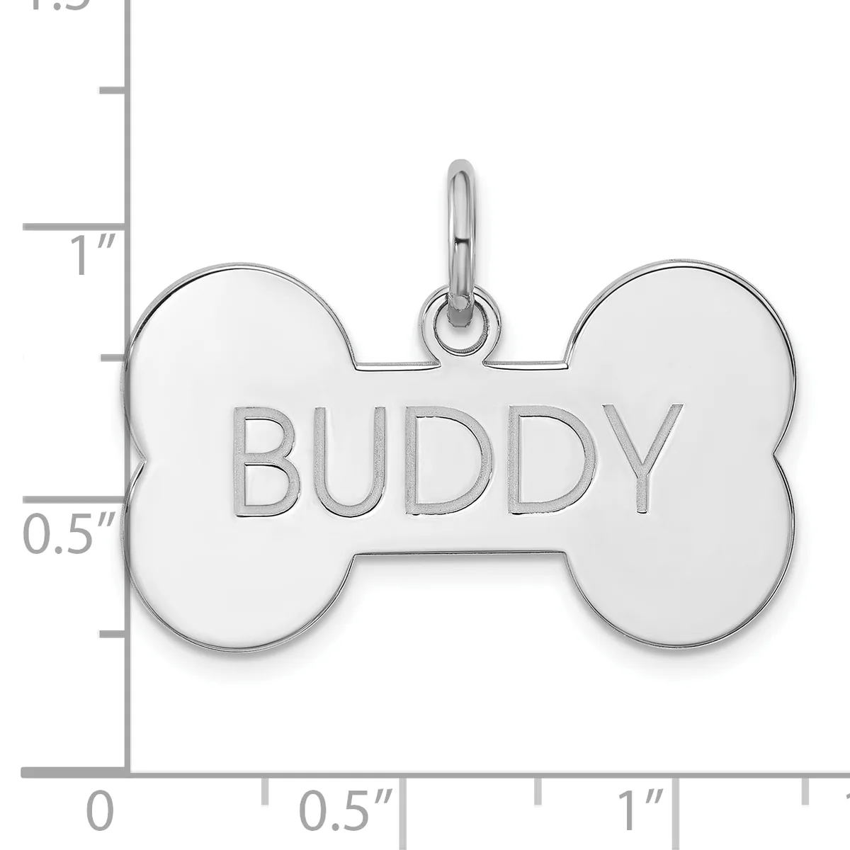 Silver bone-shaped pet tag engraved with the word "BUDDY" shown next to a ruler for scale.