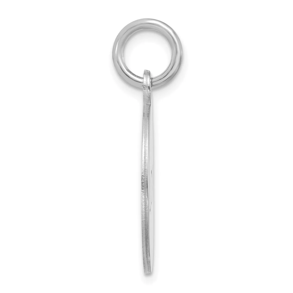 A sterling silver pendant consisting of a polished ring attached to a long, thin chain-like stem, displayed vertically against a white background.