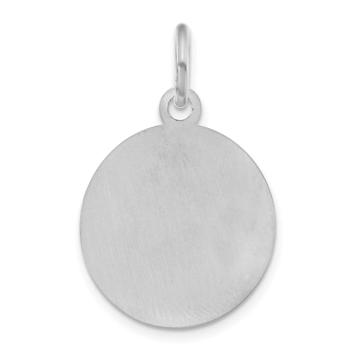 A plain polished silver circular pendant with a small loop attachment at the top.