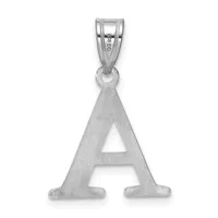 Silver pendant in the shape of the letter A with a brushed finish and a small stamped hallmark, suspended from a bail loop.