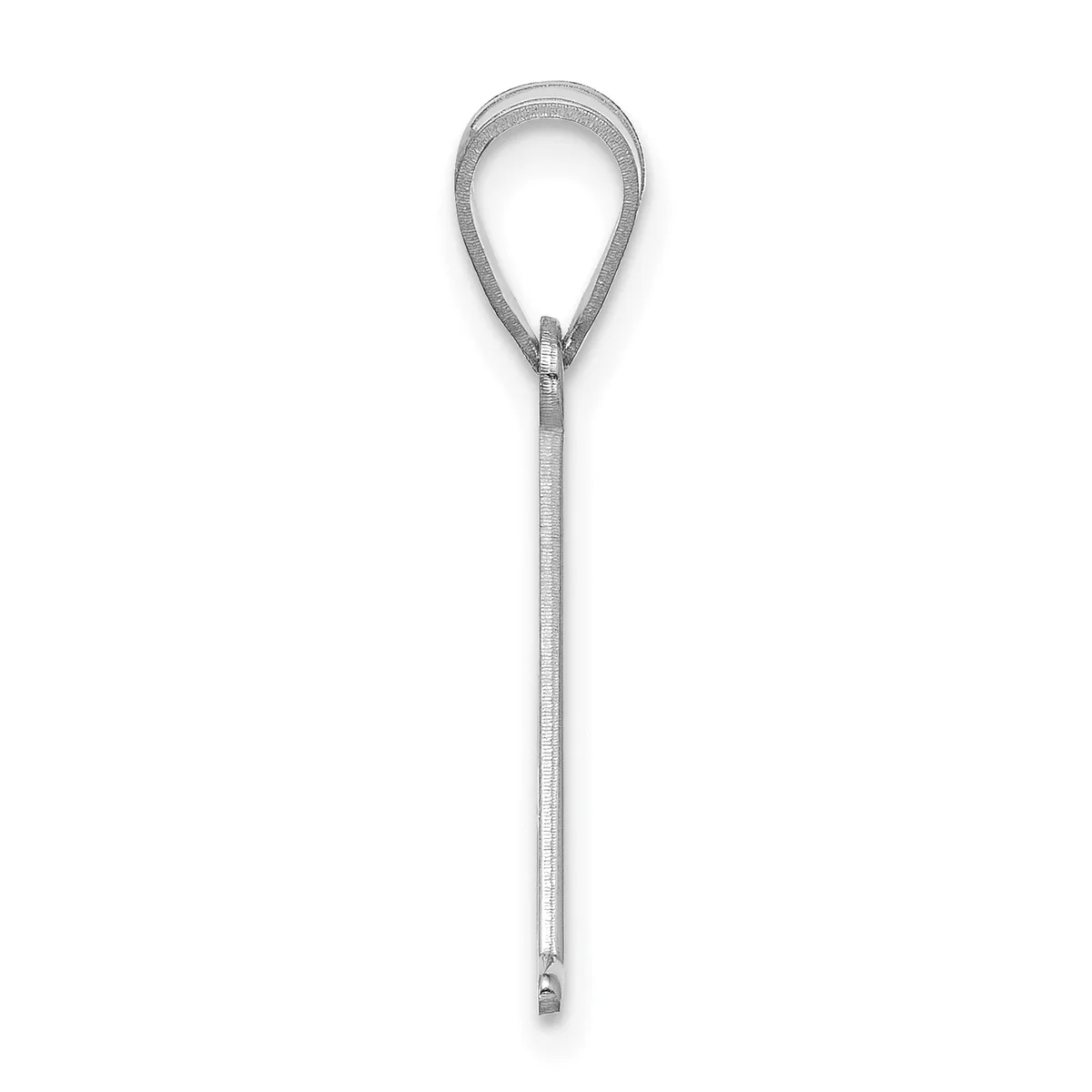A silver teardrop-shaped pendant with a long chain, displayed against a white background.