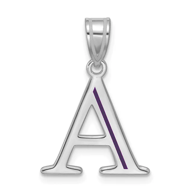 Silver pendant in the shape of the letter A with a purple enamel stripe down the right side, suspended from a silver bail.