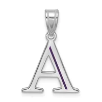 Silver pendant in the shape of the letter A with a purple enamel stripe down the right side, suspended from a silver bail.