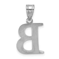 Silver pendant shaped like the letter "a" with a brushed matte finish and a small hallmark stamp, suspended from a silver bail.