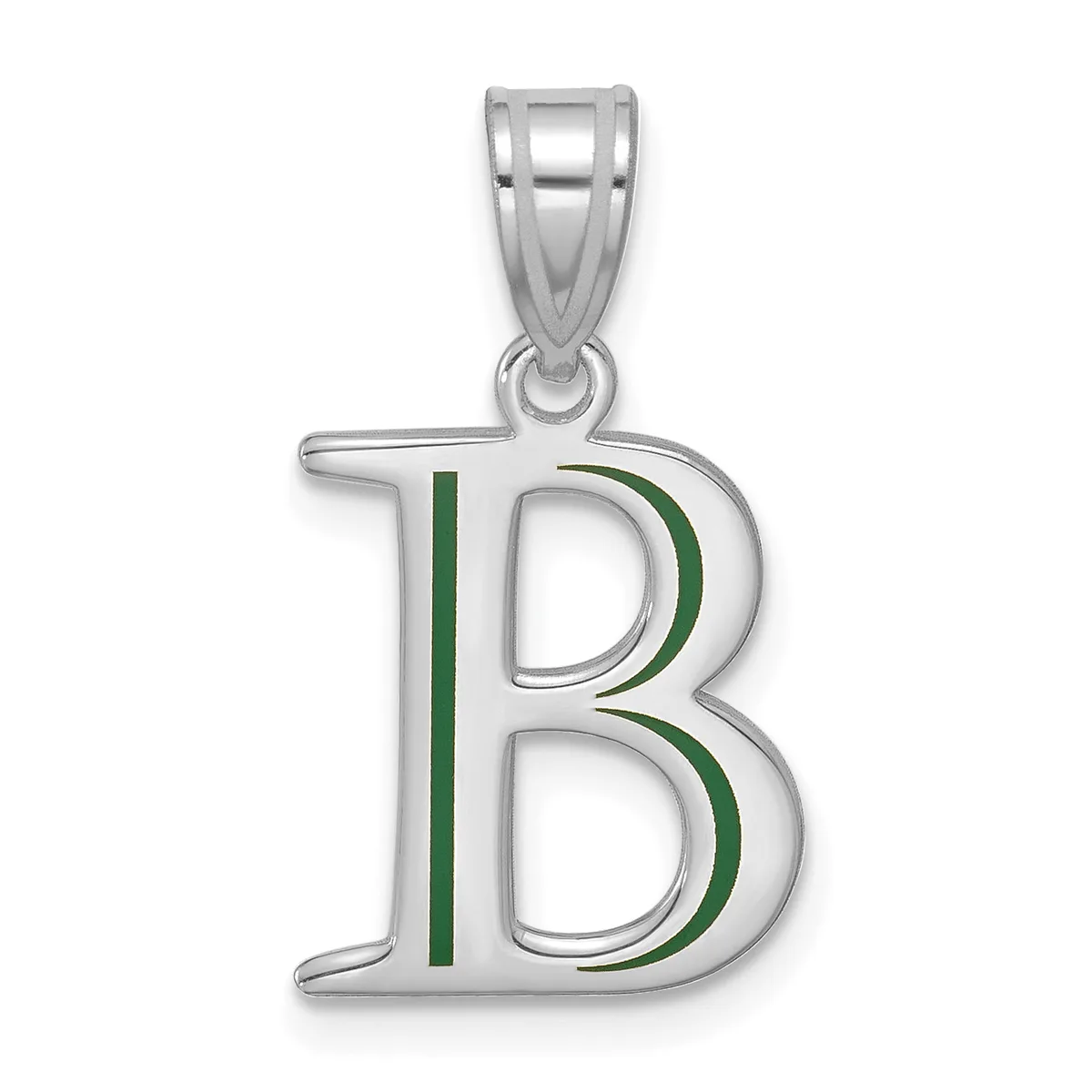 Silver pendant featuring a large capital letter B with green enamel accent stripes, suspended from a bail loop.