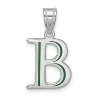 Silver pendant featuring a large capital letter B with green enamel accent stripes, suspended from a bail loop.