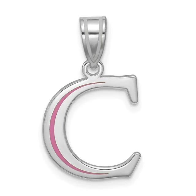 Silver letter C pendant with pink enamel stripe detail, suspended from a bailed loop.