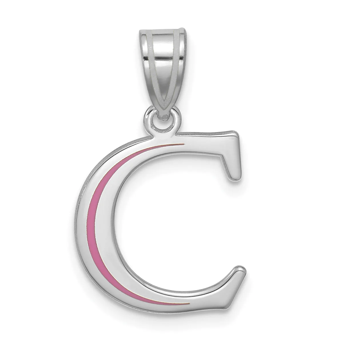 Silver letter C pendant with pink enamel stripe detail, suspended from a bailed loop.