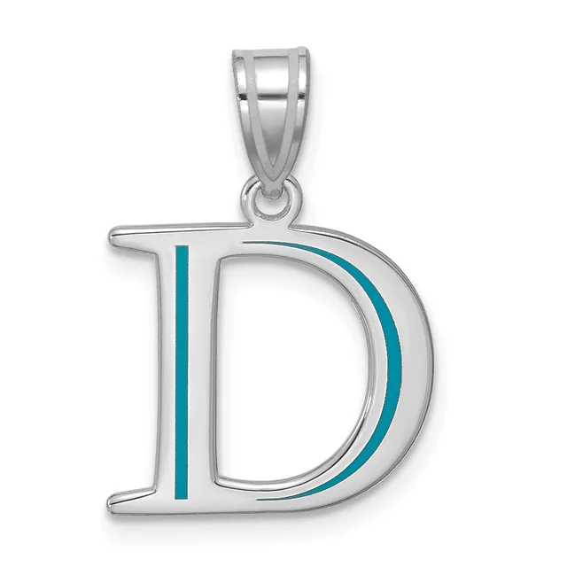 Silver letter D pendant with turquoise enamel inlay on the curved edge and vertical stripe, suspended from a bail loop.