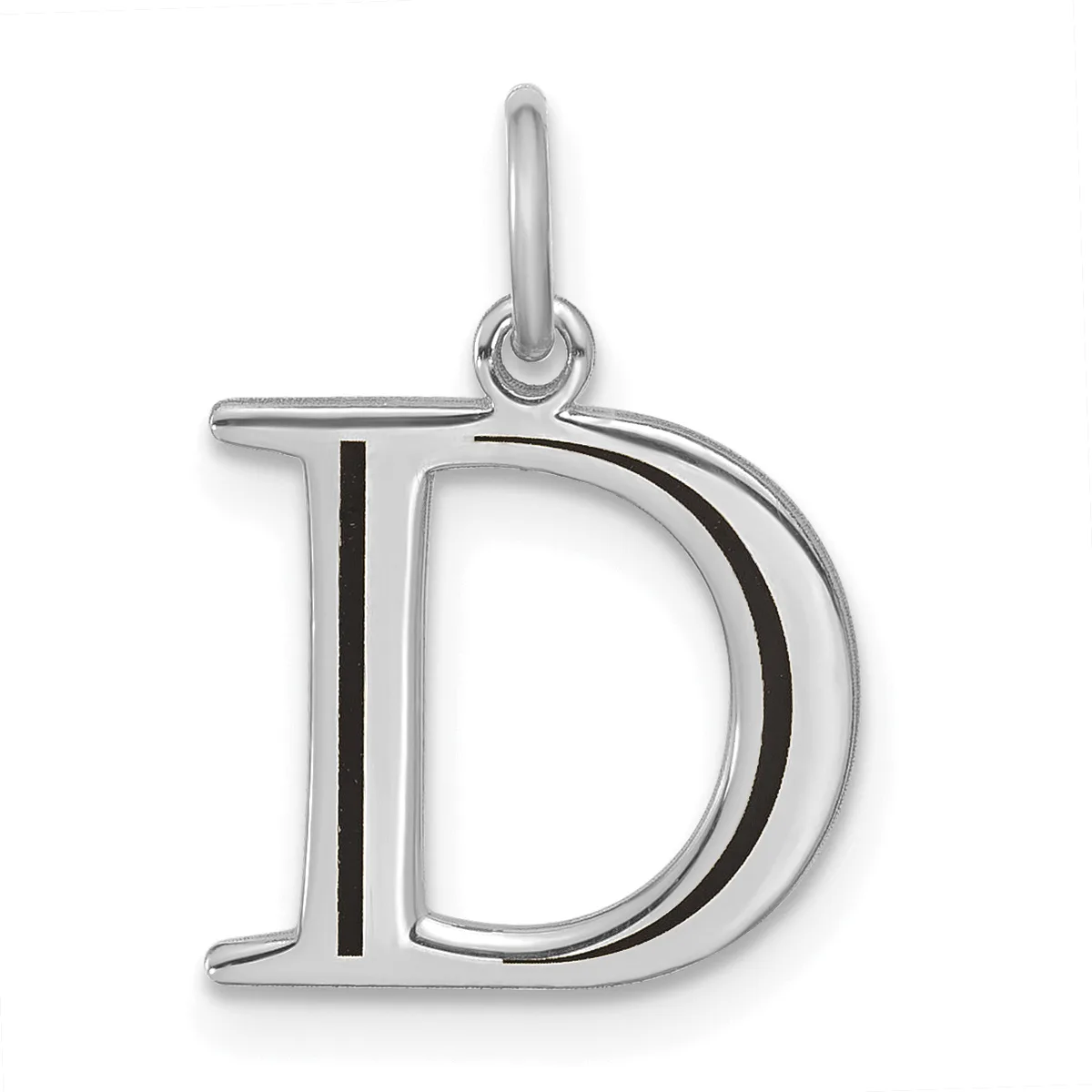 Silver letter D pendant with black enamel stripe detail and attached bail loop.