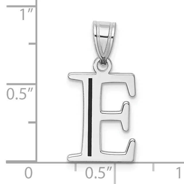 Silver pendant shaped like the letter E with a black enamel vertical stripe, shown next to a measurement scale indicating approximately one inch in height.