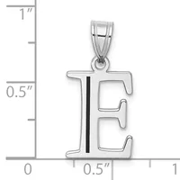 Silver pendant shaped like the letter E with a black enamel vertical stripe, shown next to a measurement scale indicating approximately one inch in height.