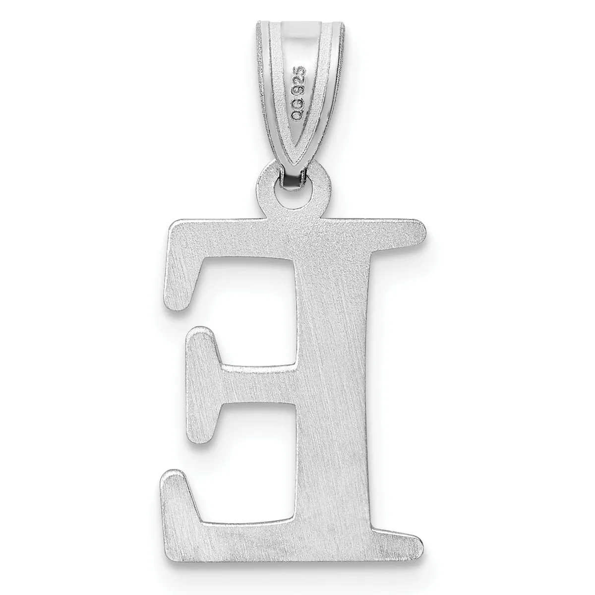 Sterling silver pendant shaped like the letter E with a brushed finish and small stamped hallmark, suspended from a bail loop.