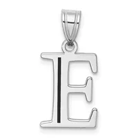Silver pendant in the shape of the letter E with a vertical black enamel stripe down the center, suspended from a bailed loop.