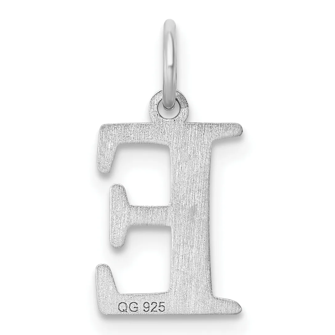 Sterling silver pendant shaped like the letter E with a brushed finish and a small stamped hallmark on the lower portion.