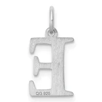 Sterling silver pendant shaped like the letter E with a brushed finish and a small stamped hallmark on the lower portion.