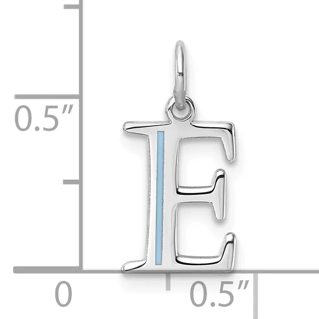 Sterling silver letter E charm with blue enamel stripe down the center, shown next to a measurement scale indicating approximately 0.5 inches in height.