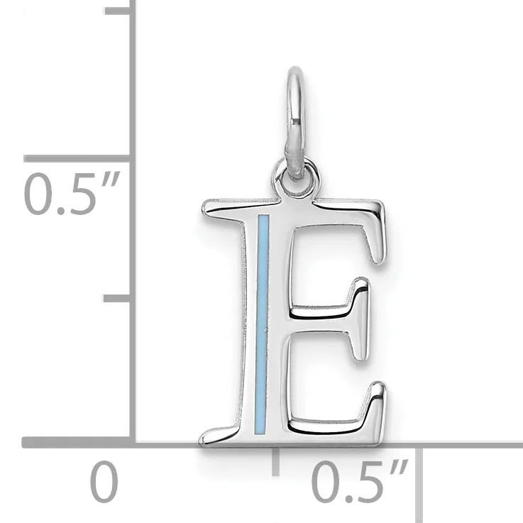 Sterling silver letter E charm with blue enamel stripe down the center, shown next to a measurement scale indicating approximately 0.5 inches in height.